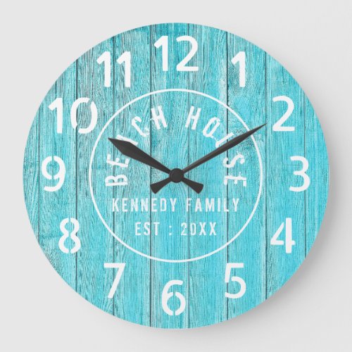 Turquoise Wood Beach House White Large Numbers Large Clock