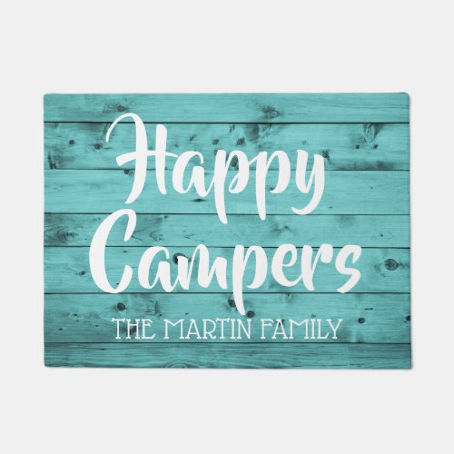 Turquoise Wood Rustic Happy Campers Personalized Doormat