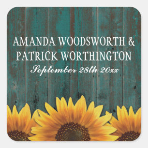 Turquoise Wood Rustic Sunflower Wedding Favors Square Sticker