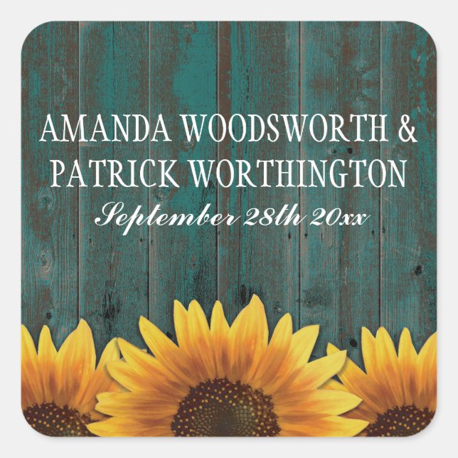 Turquoise Wood Rustic Sunflower Wedding Favors Square Sticker (Front)