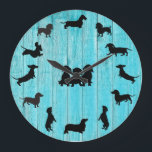 Turquoise Wooden Dachshund Silhouette Wall Clock<br><div class="desc">A beautiful creation with the serious dachshund lover in mind. This wall clock is a distressed faux wooden back round with adorable black doxie silhouettes making up each hour or the day. Includes long hair, wire hair and smooth coat dachshunds. This design can be put on hundreds of different back...</div>