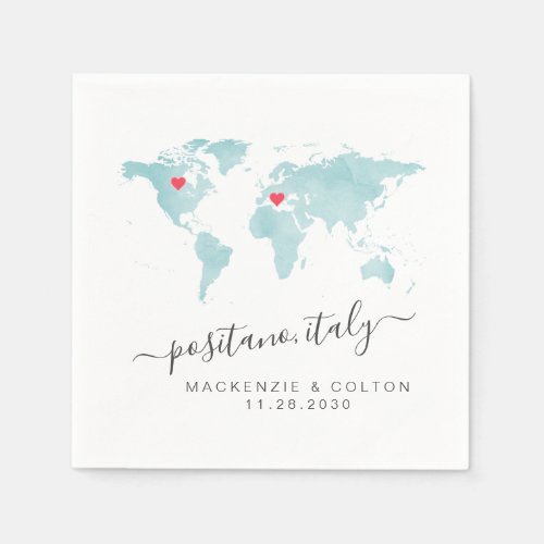 Turquoise World Map Coral Moveable Hearts Wedding Napkins