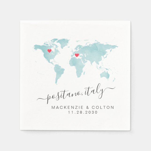 Turquoise World Map Coral Moveable Hearts Wedding Napkins (Front)