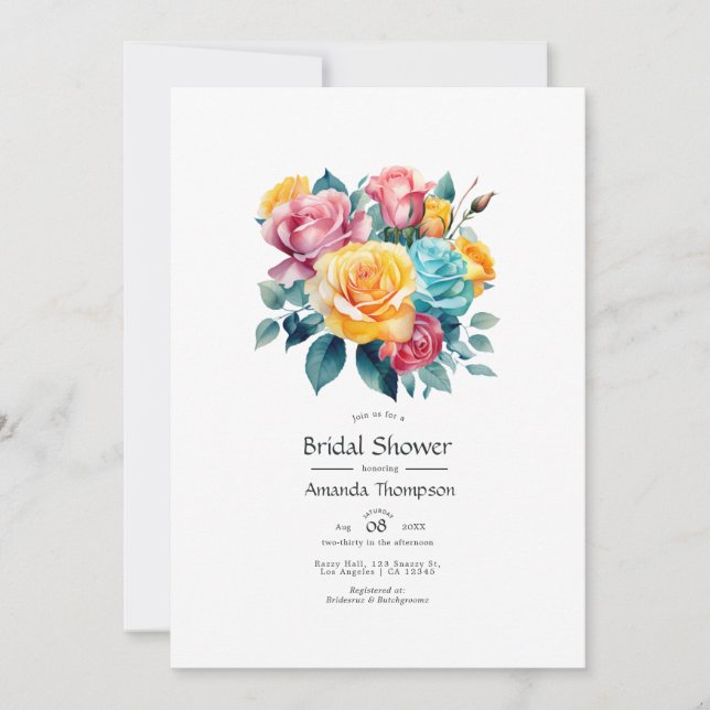 Turquoise, Yellow and Pink Floral Bridal Shower Invitation (Front)