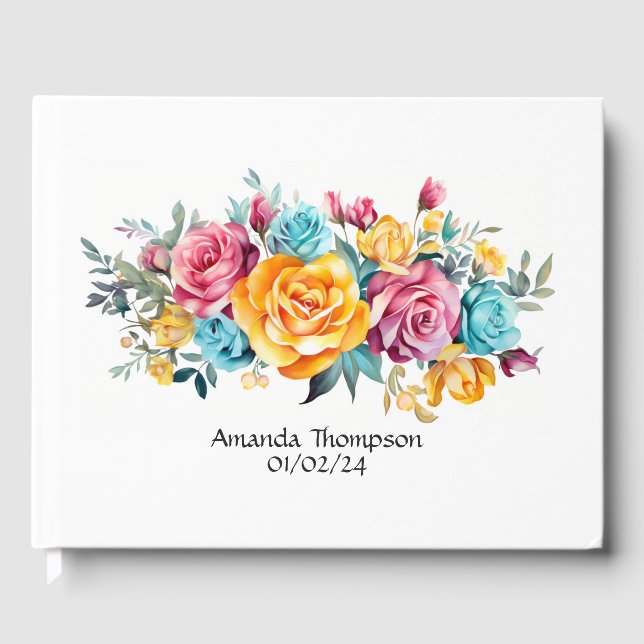 Turquoise, Yellow and Pink Floral Wedding Guest Book (Front)