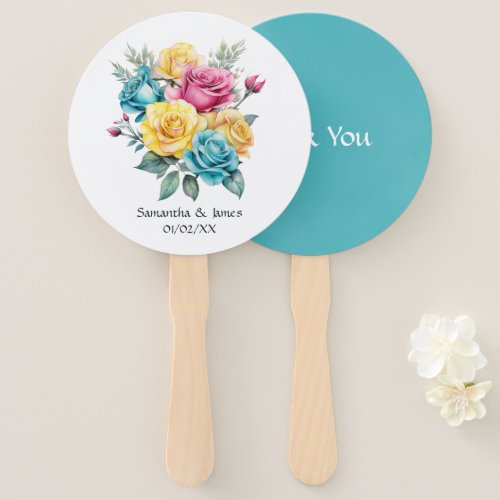 Turquoise Yellow and Pink Floral Wedding Hand Fan