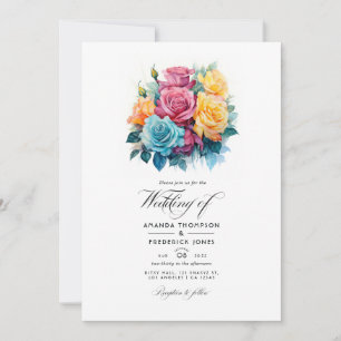 Turquoise, Yellow and Pink Floral Wedding Invitation