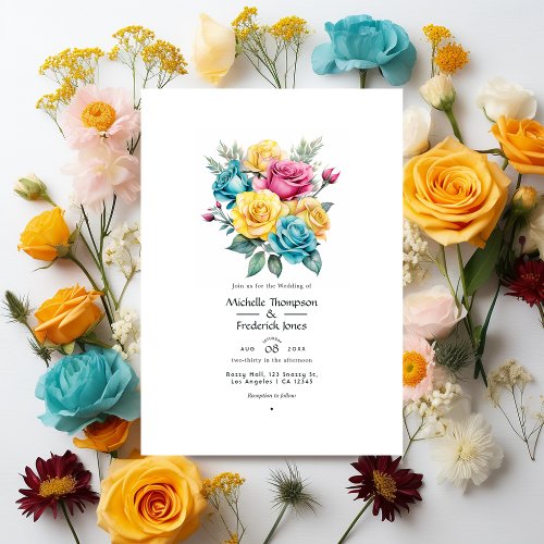Turquoise Yellow and Pink Floral Wedding Invitation