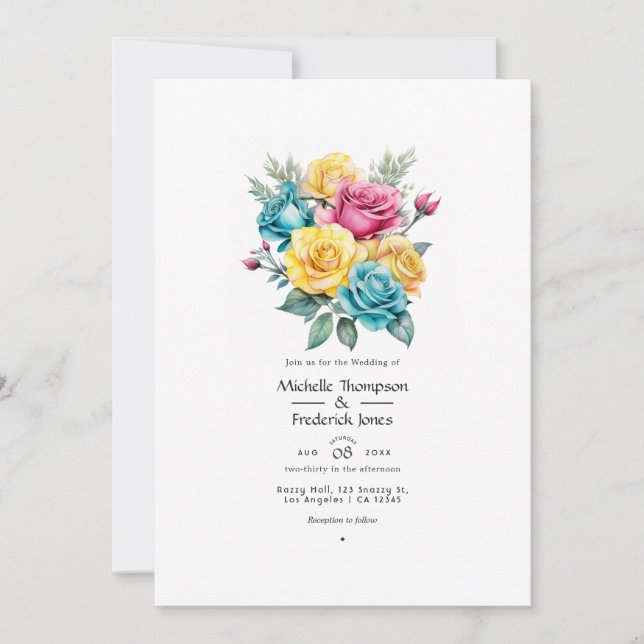 Turquoise, Yellow and Pink Floral Wedding Invitation (Front)
