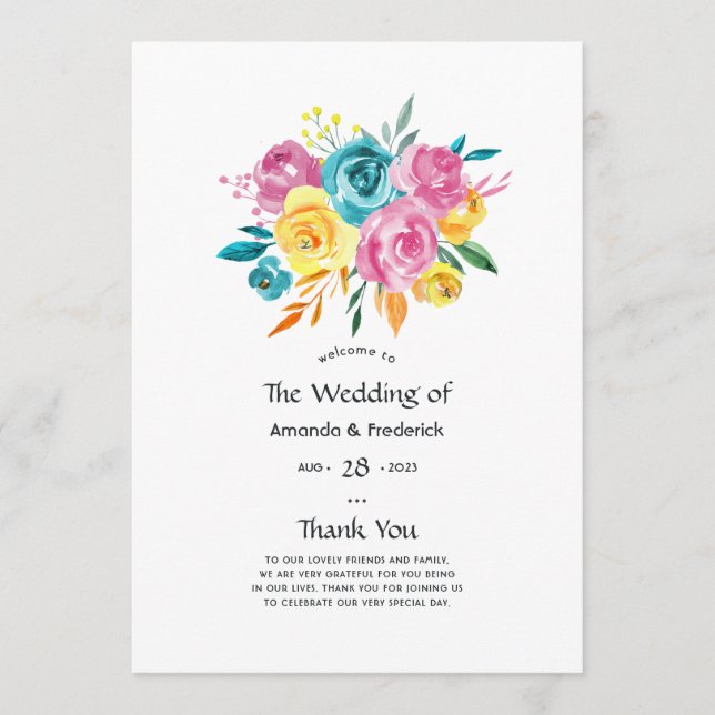 Turquoise, Yellow, and Pink Floral Wedding Program (Front)