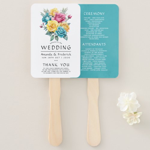 Turquoise Yellow and Pink Floral Wedding Program Hand Fan