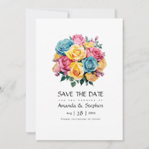 Turquoise, Yellow and Pink Floral Wedding Save The Date