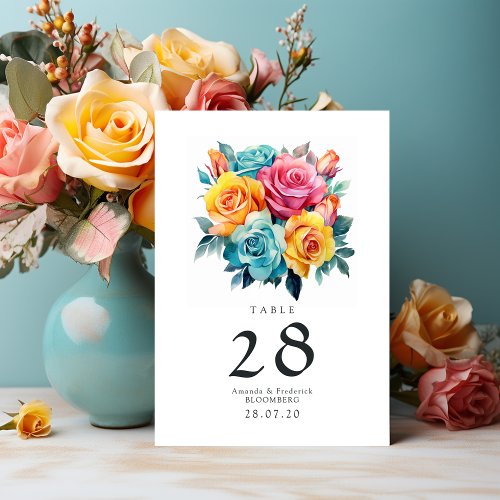 Turquoise Yellow and Pink Floral Wedding Table Number