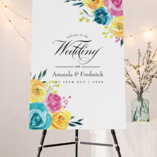 Turquoise Yellow and Pink Floral Wedding Welcome Foam Board