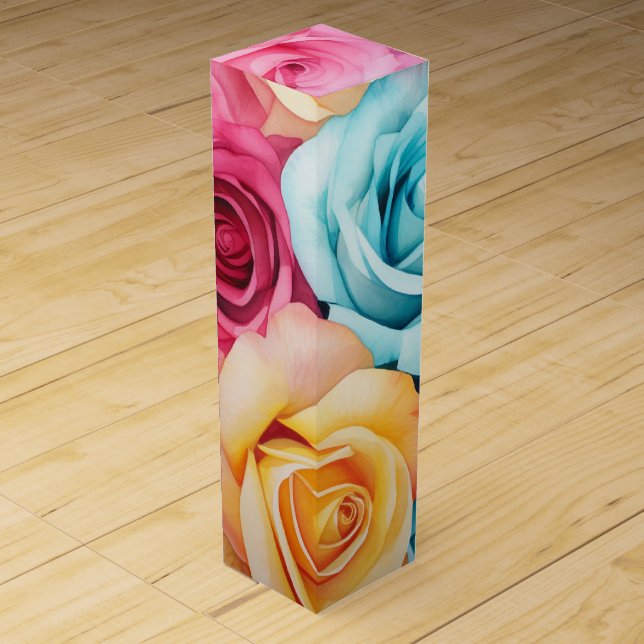 Turquoise, Yellow and Pink Roses Wine Box (Front)