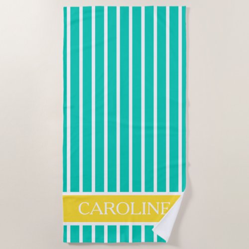 Turquoise Yellow and White Stripes Personalized Beach Towel