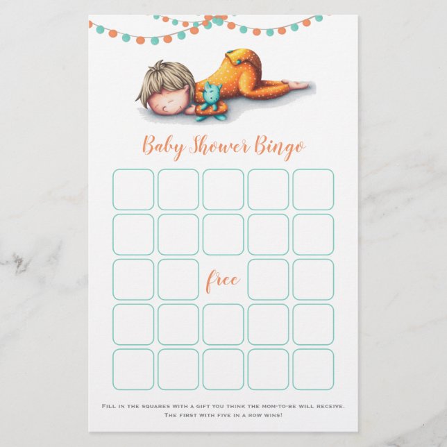 Turquoise Yellow Baby Sleeping Bingo Game Card (Front)