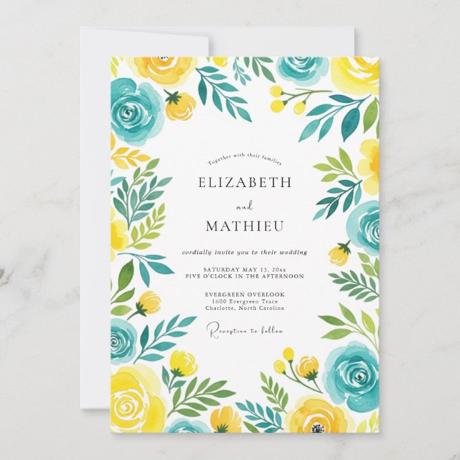 Turquoise Yellow Breezy Summer Wedding Invitation (Front)