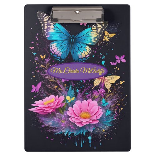 turquoise yellow butterfly pink flowers teacher  clipboard