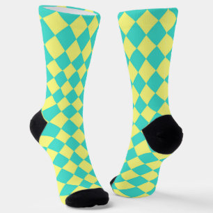 Turquoise Yellow Checker Diamond Pattern Socks