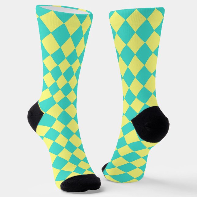 Turquoise Yellow Checker Diamond Pattern Socks (Angled)