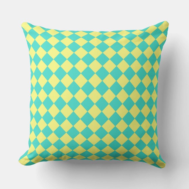 Turquoise Yellow Checker Diamond Pattern Throw Pillow (Front)