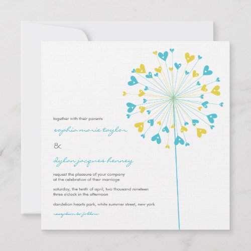 Turquoise Yellow Dandelions Love Wedding Invite
