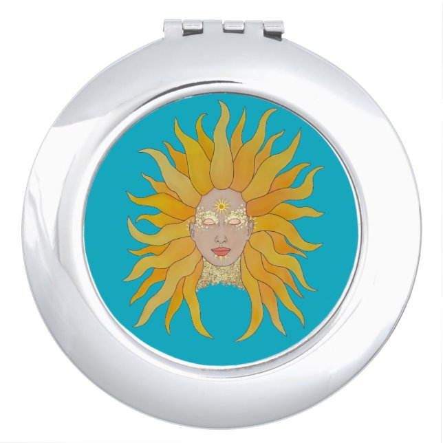 Turquoise yellow gold sun inspired compact mirror (Front)