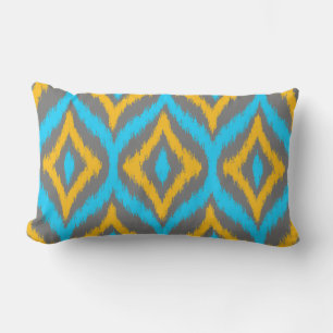 Turquoise & Yellow & Gray Quatrefoil Ikat Pattern Lumbar Pillow