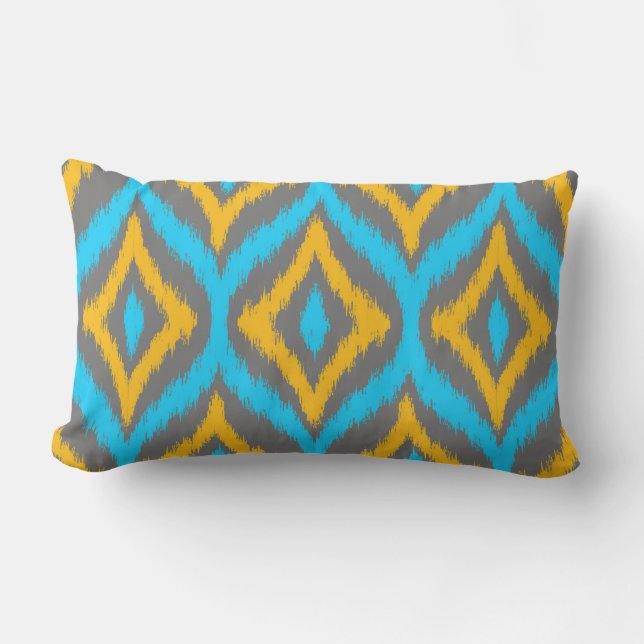 Turquoise & Yellow & Gray Quatrefoil Ikat Pattern Lumbar Pillow (Front)
