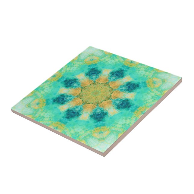 turquoise & yellow mandala | kaleidoscope pattern ceramic tile (Side)