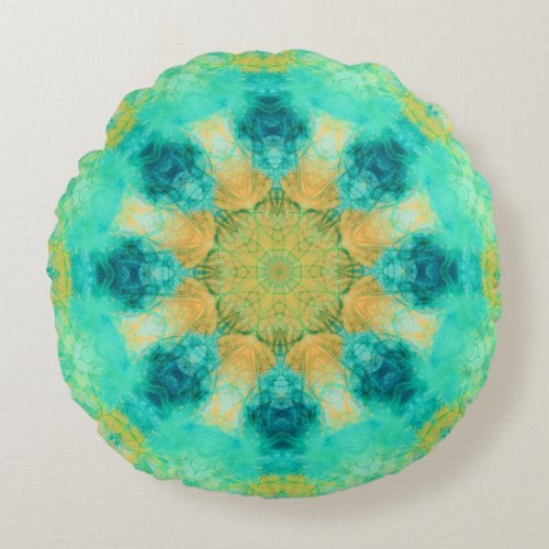 turquoise  yellow mandala  kaleidoscope pattern round pillow