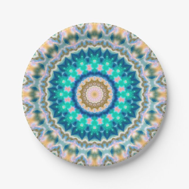 Turquoise yellow mandala paper plates (Front)