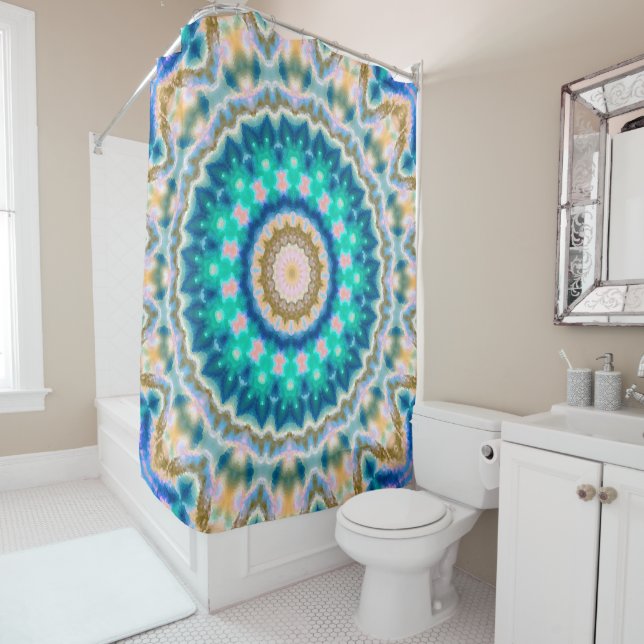 Turquoise yellow mandala shower curtain (In Situ)