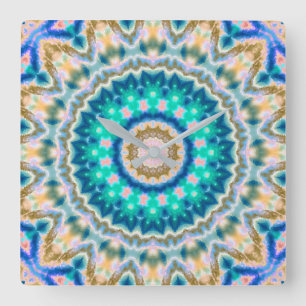 Turquoise yellow mandala square wall clock