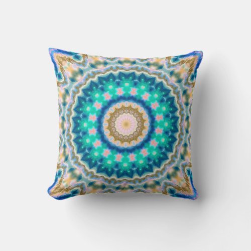 Turquoise yellow mandala throw pillow