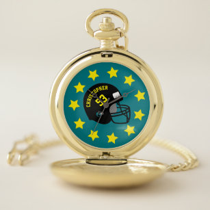 Turquoise Yellow Personalized Name Sports Helmet Pocket Watch