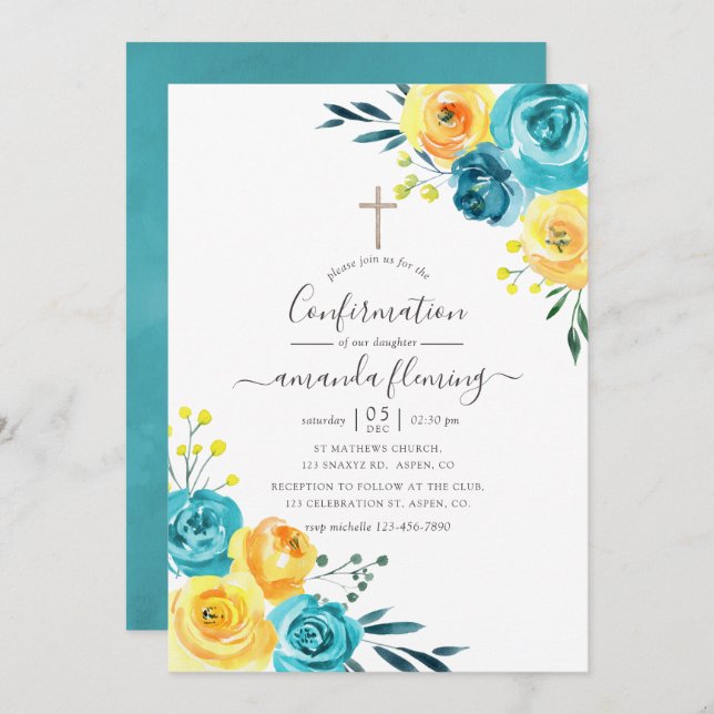 Turquoise & Yellow Watercolor Floral Confirmation Invitation (Front/Back)