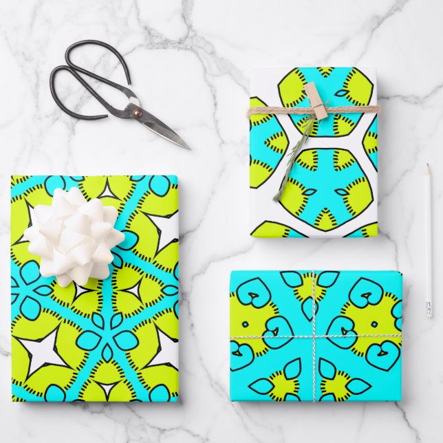 Turquoise, Yellow, White & Black Geometric Floral  Wrapping Paper Sheets (Front)