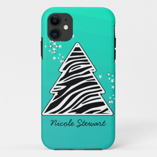 Turquoise zebra Christmas Tree iPhone 11 Case