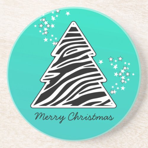 Turquoise Zebra Christmas Tree Drink Coaster