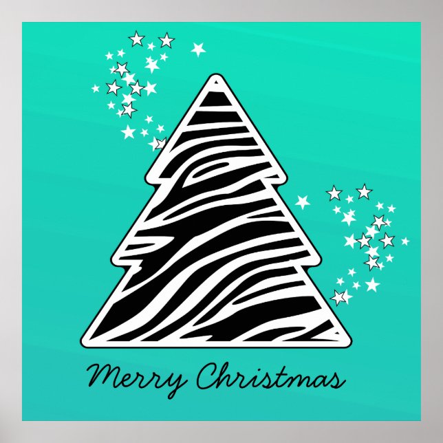Turquoise Zebra Christmas Tree Poster (Front)