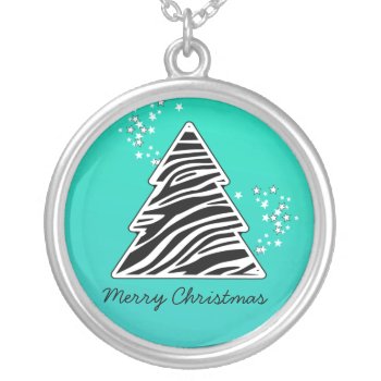 Turquoise Zebra Christmas Tree Silver Plated Necklace by Silvianna at Zazzle
