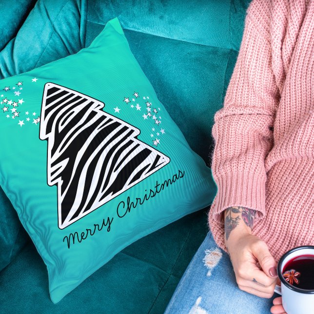 Turquoise zebra Christmas Tree Throw Pillow (Creator Uploaded)