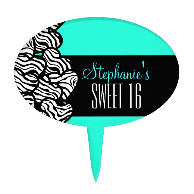 Turquoise zebra heart Sweet 16 Birthday Cakepick (Front)