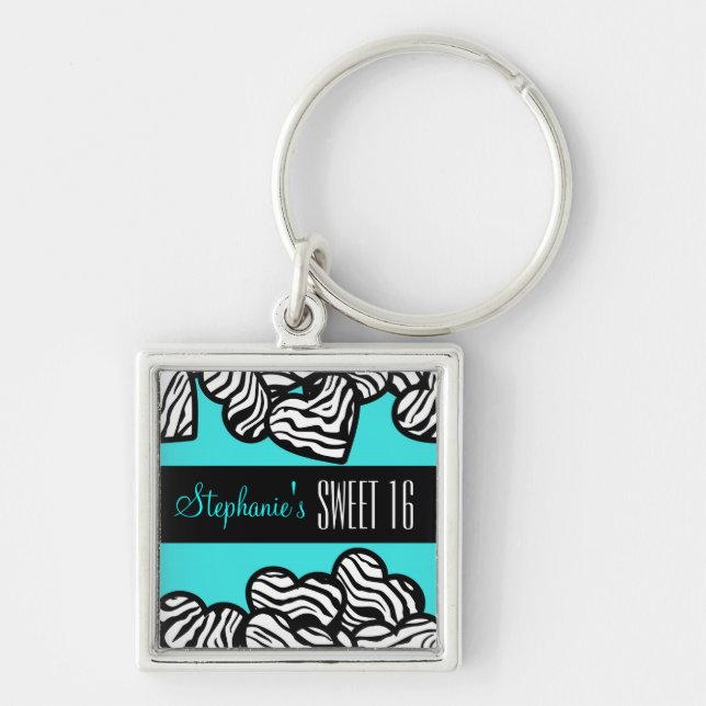 Turquoise zebra heart Sweet 16 Birthday Keychain (Front)