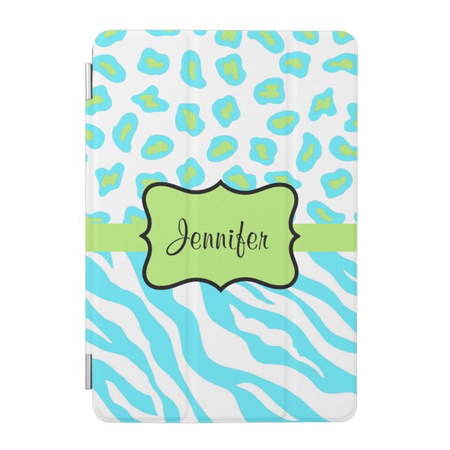 Turquoise Zebra Leopard Skin Name Personalized iPad Mini Cover (Front)