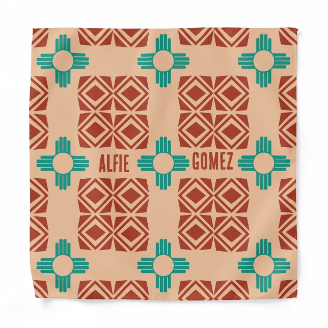 Turquoise Zia Tribal Brown Tan Bandana (Front)