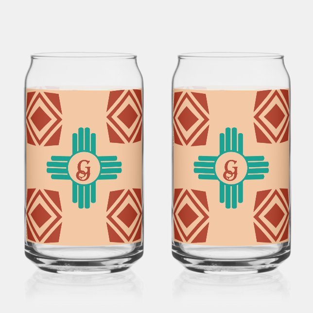 Turquoise Zia Tribal Brown Tan Can Glass (Front)