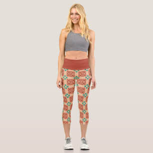 Turquoise Zia Tribal Brown Tan Capri Leggings